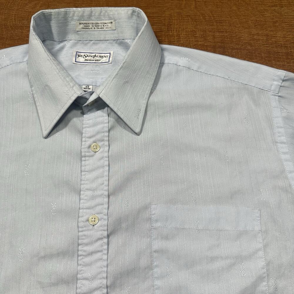 Vintage 70s Yves Saint Laurent Button Up Dress Shirt Mens XL 17 Blue Monogram